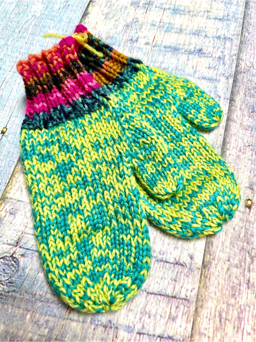 Artisan Bright Green and Pink Kids Mittens - Hand-Knit Stripes